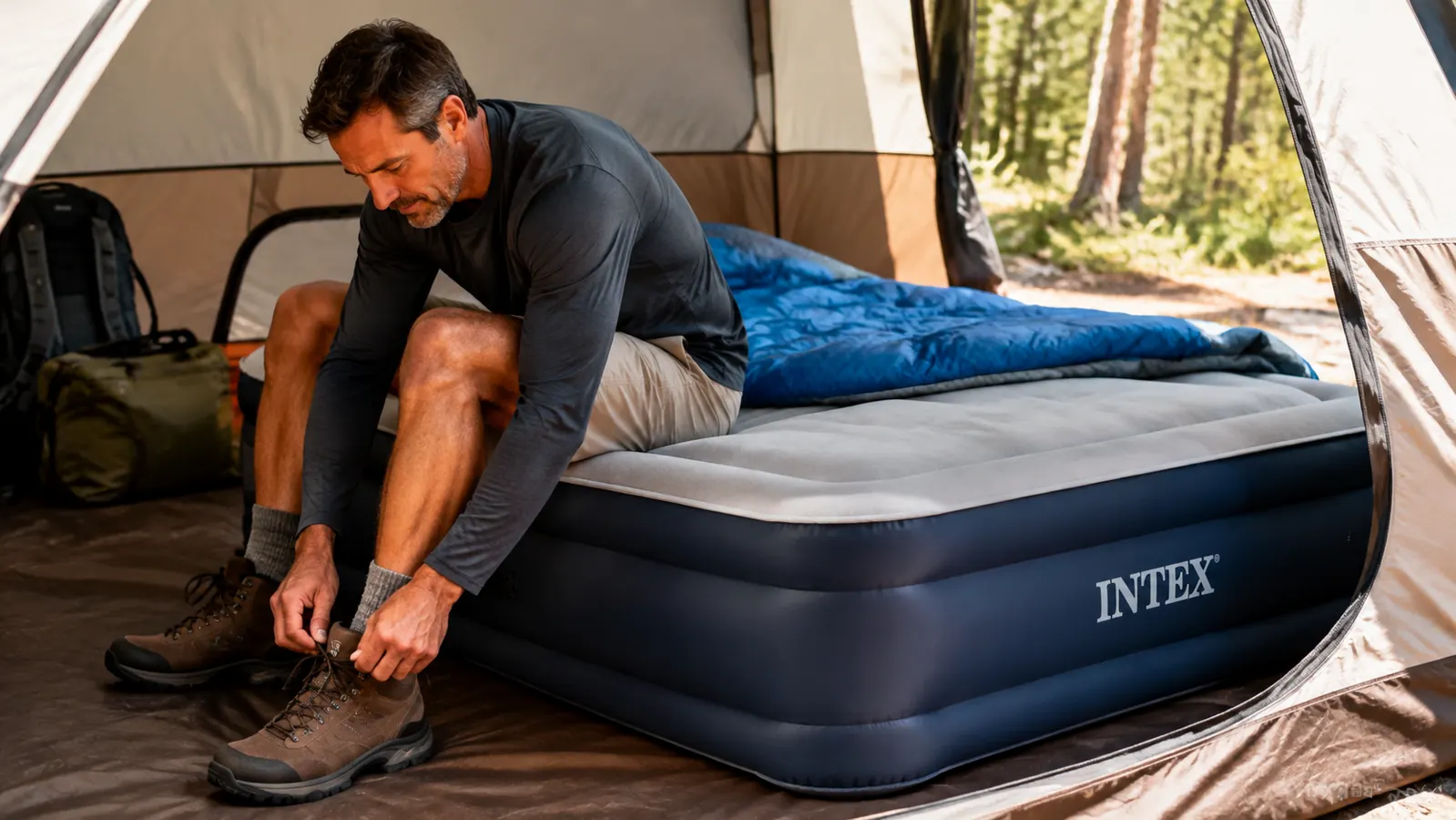A man in his early fifties sits on the edge of a raised air mattress inside a tent, reaching down to lace a hiking boot, morning light filling the tent