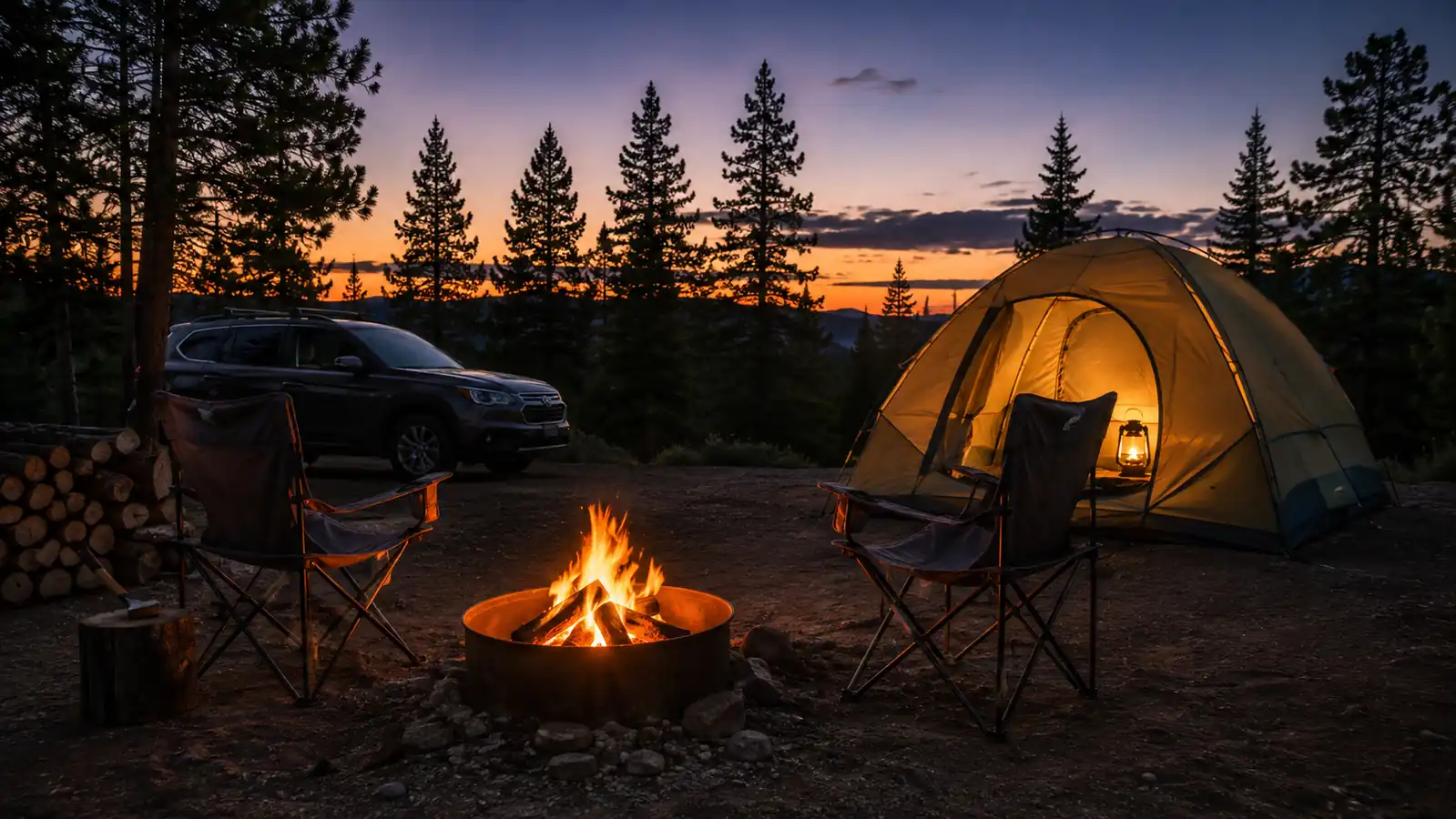 Evening at a campsite: a dome tent glowing warm from an interior lantern, two empty camp chairs facing a small fire ring, tall pines in the last dusk light