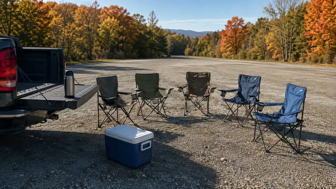 A half circle of folding chairs arranged by an open truck tailgate in a parking lot in the morning