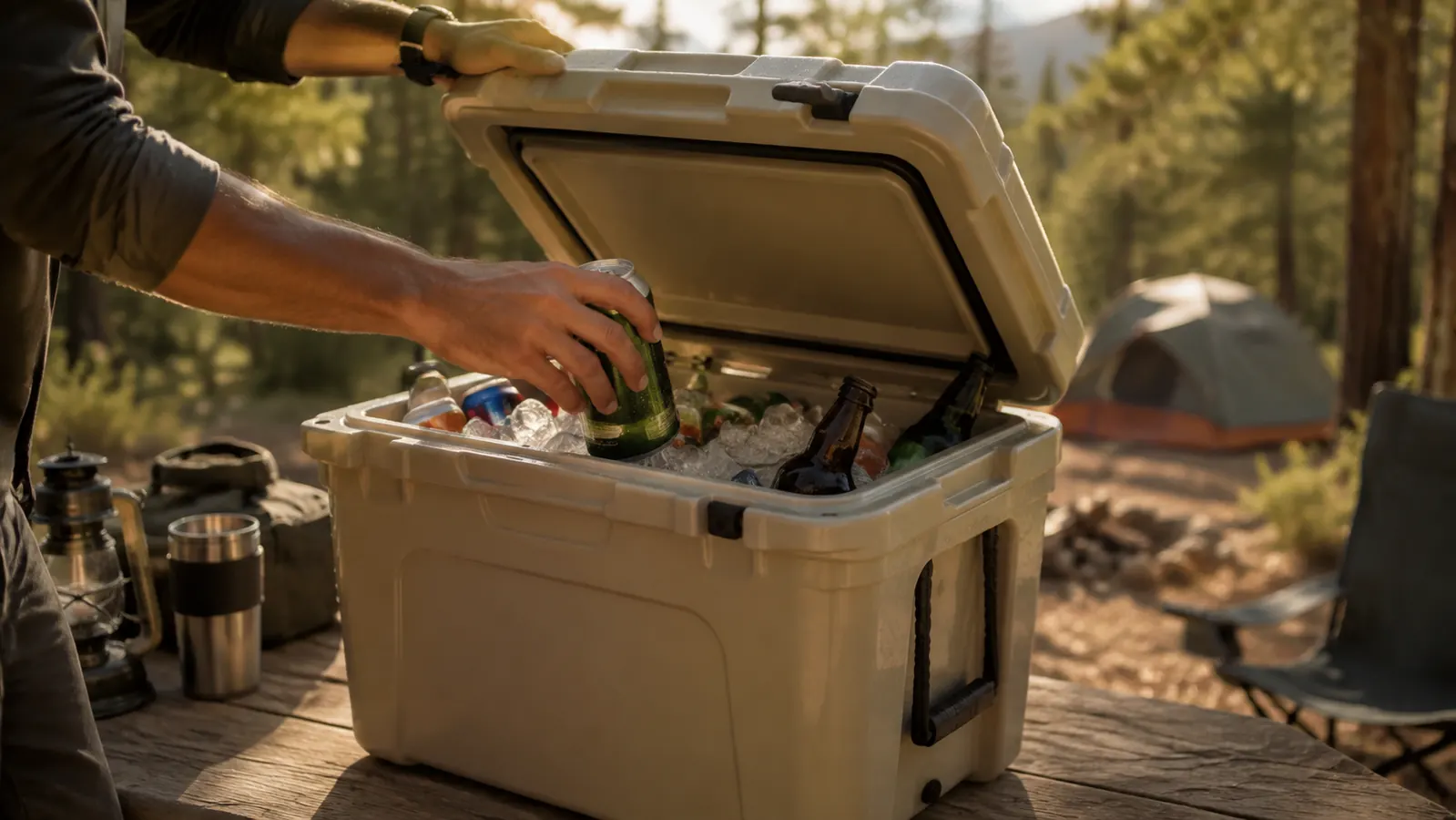 A hand opening the lid of a hard-shell cooler to lift a drink can out of the ice at a campsite table