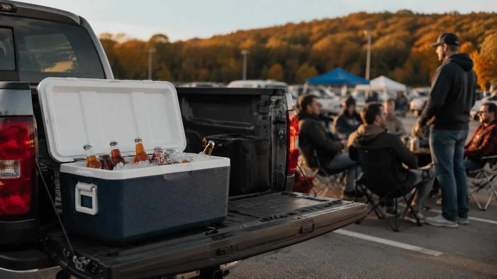 A hard-shell cooler packed with ice and drinks in the bed of a pickup truck with the tailgate open at a parking lot before a game