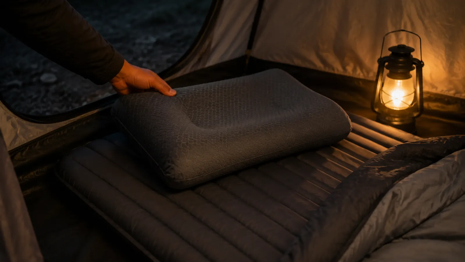 A hand tucks a compressible foam pillow onto a sleeping pad inside a lit tent before bed.