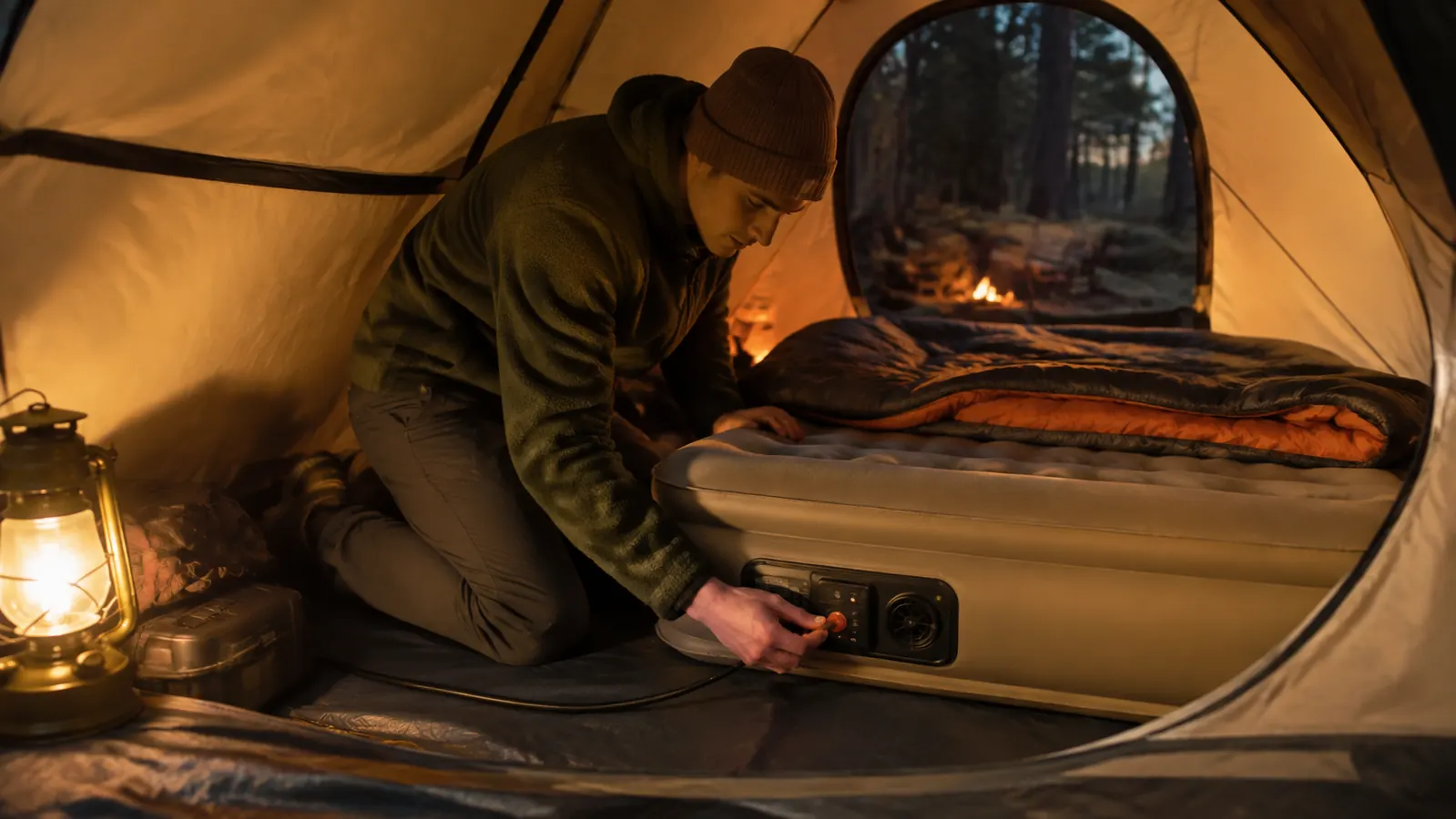 A person kneeling inside a tent running the built-in pump beside a raised inflatable mattress under a laid open sleeping bag, warm lantern light inside the tent