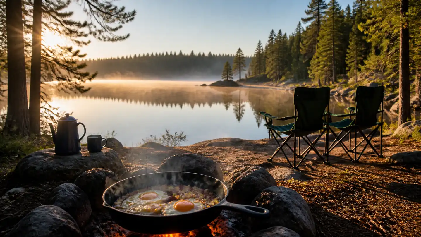 Morning at a lakeside campsite, a cast iron skillet of eggs and hash over a small fire, two camp chairs facing the water, steam rising in golden morning light