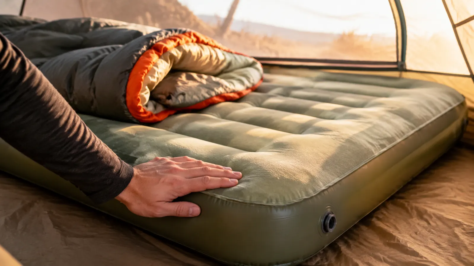 Hand pressing on the corner of the inflated air mattress inside the tent, morning light through the tent wall