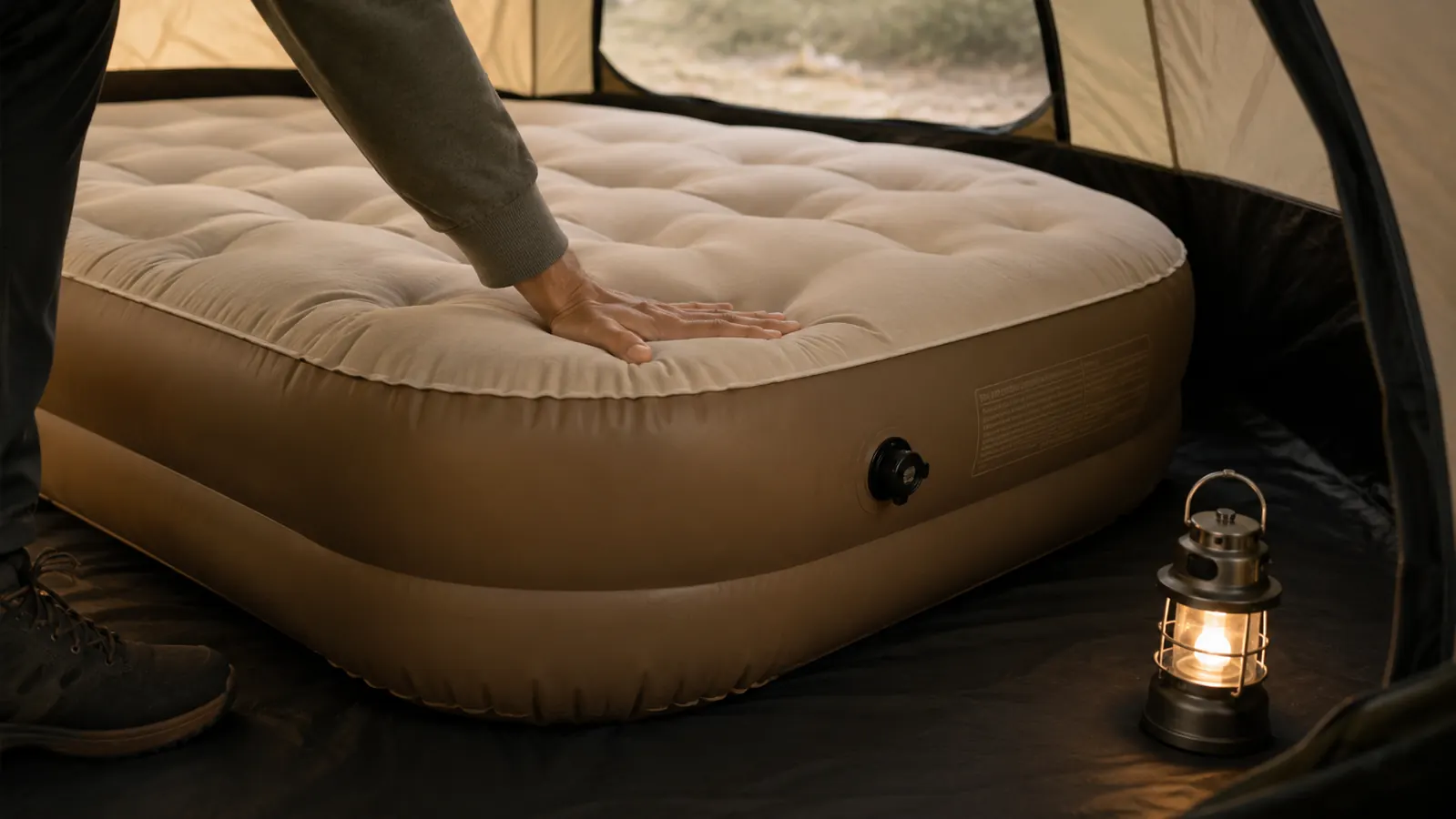 A hand pressing the top of an inflated queen air mattress inside a tent to test firmness, a small lantern on the tent floor beside it