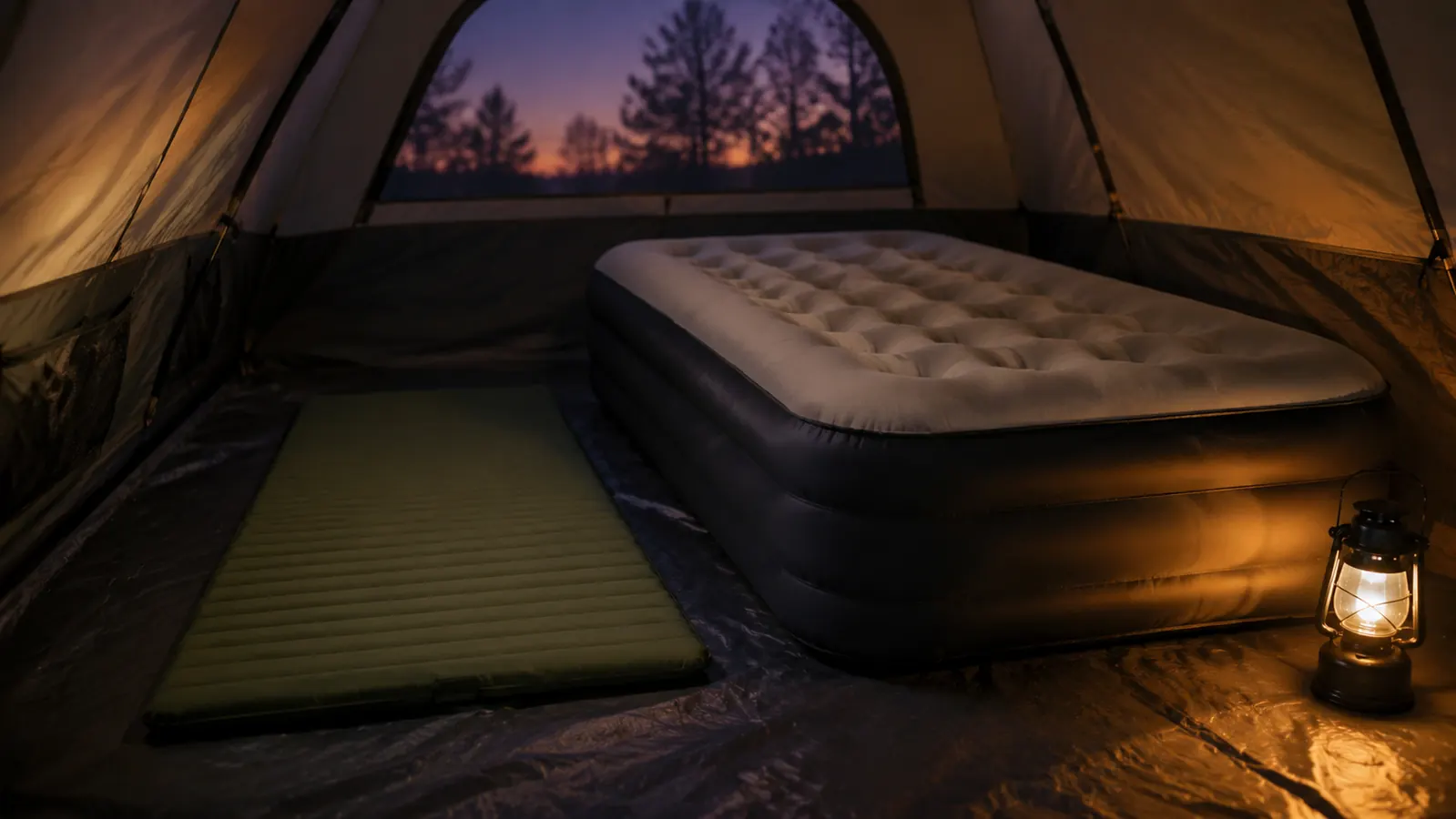 Inside a tent at dusk, a tall queen air mattress on one side and a thin rolled sleeping pad lying on the floor beside it, lit by warm lantern light