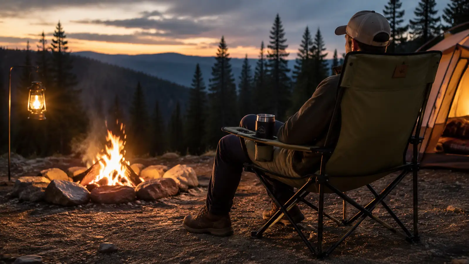A camper seated in the folding cooler chair beside a glowing campfire in the evening, a drink resting in the armrest cup holder, a tent and treeline behind