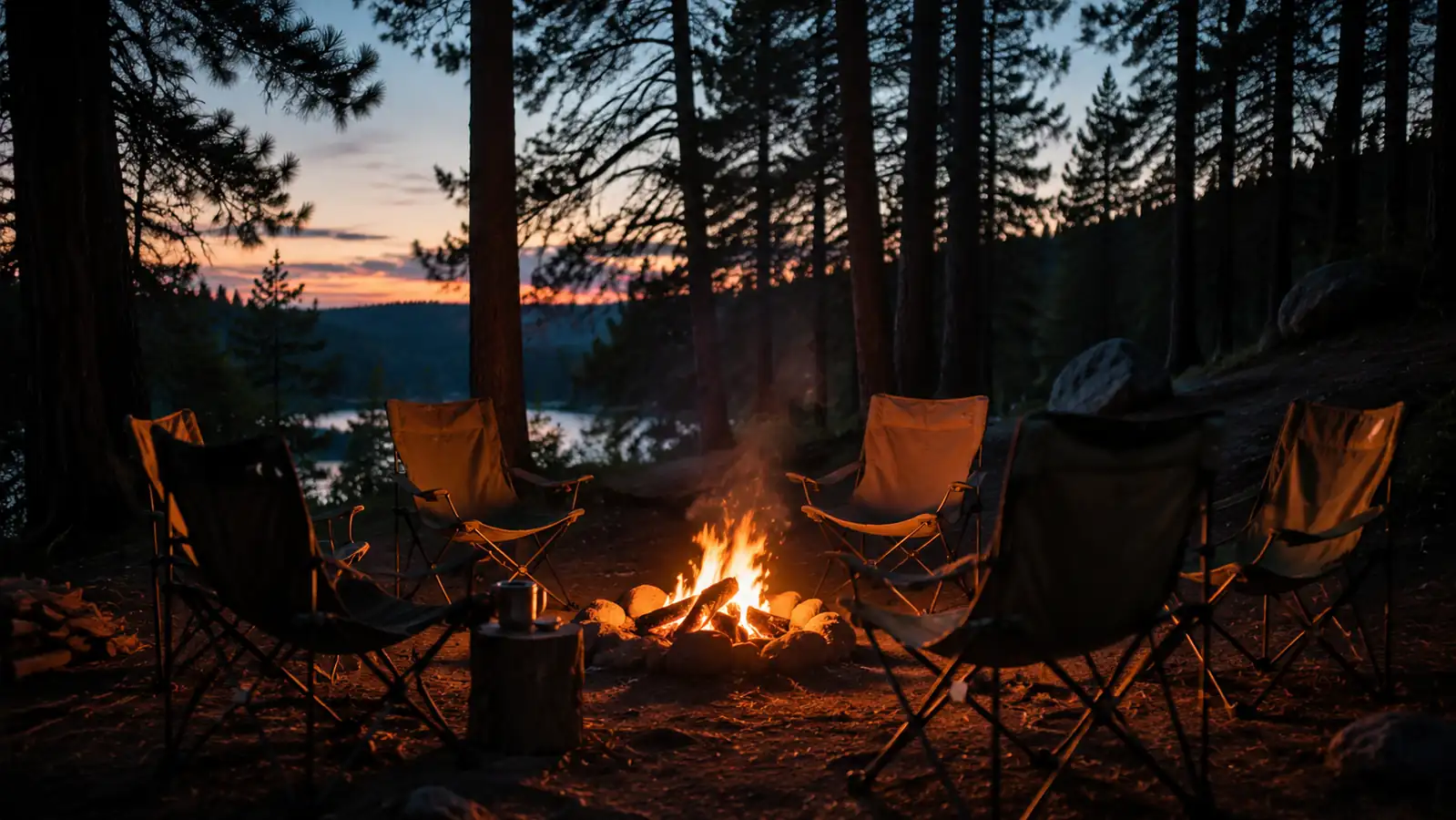 Camp folding chairs gathered in a loose circle around a low evening campfire at dusk, warm light on the seats, pine trees behind