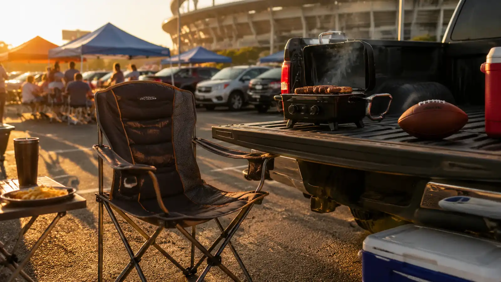 A folding camp chair set up next to the open tailgate of a pickup truck in a stadium parking lot, a small grill and a football resting on the tailgate, golden afternoon light.