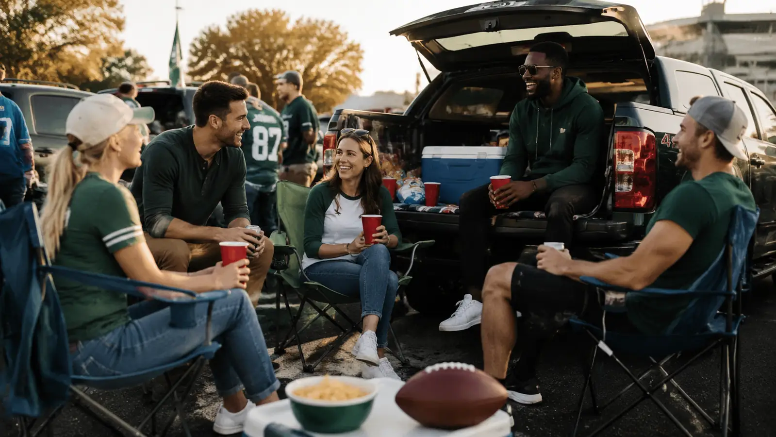 Folding chairs lined up behind a pickup truck at a tailgate, friends gathered around in the late afternoon sun.
