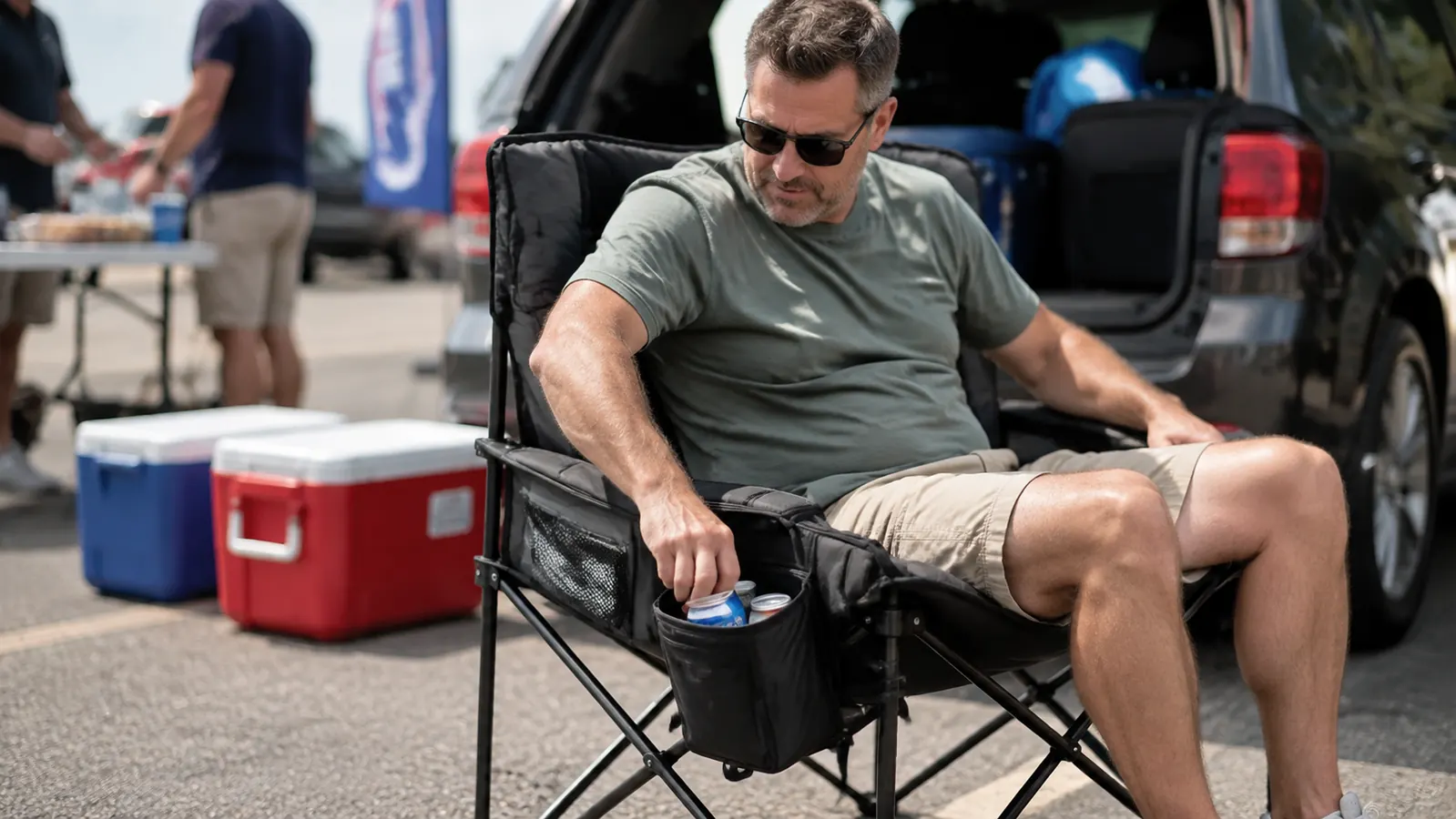 A man in his fifties sits in a padded folding camp chair at a parking-lot tailgate, one hand reaching toward the built-in armrest cooler, a hatchback and ice chests in the background