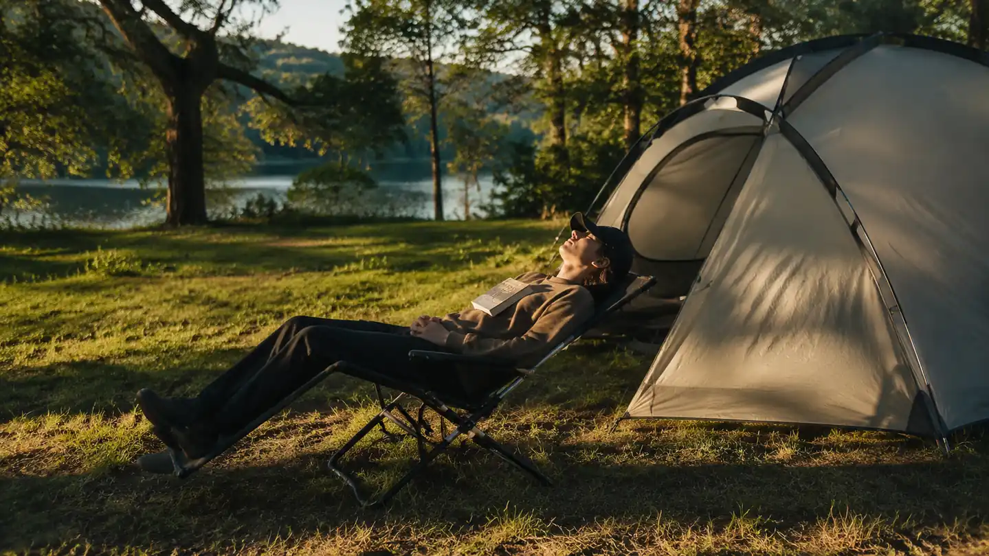 A person reclined almost flat in a tubular-frame zero gravity lounge chair beside a tent, a book resting on their chest, long afternoon shadows across the grass