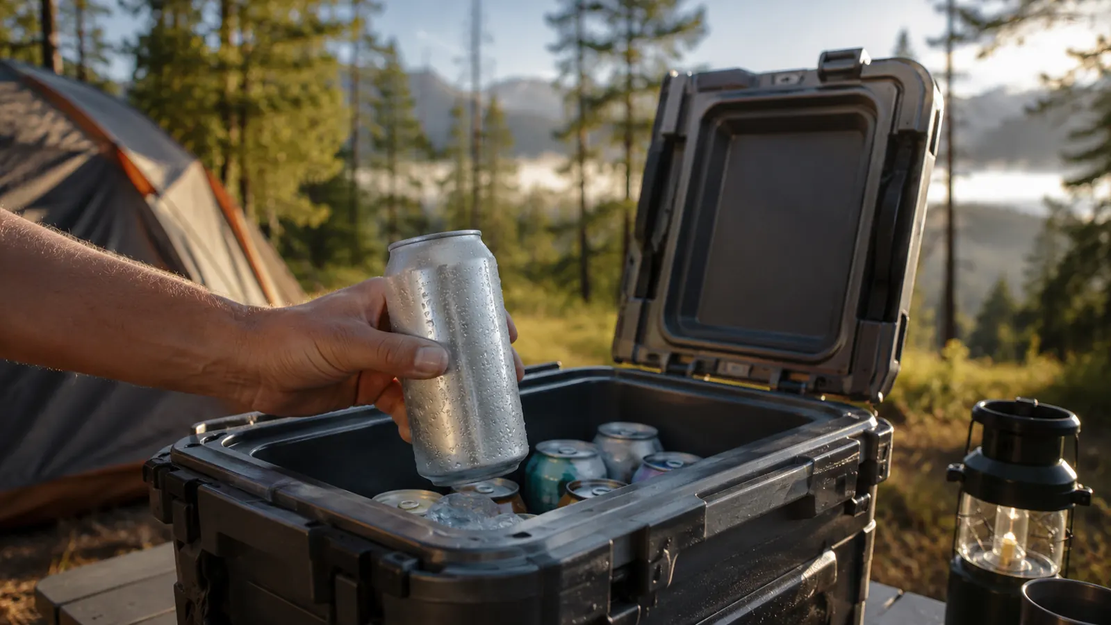 A hand pulling a cold sweating aluminum can out of an open hard-shell cooler on a camp table in the morning