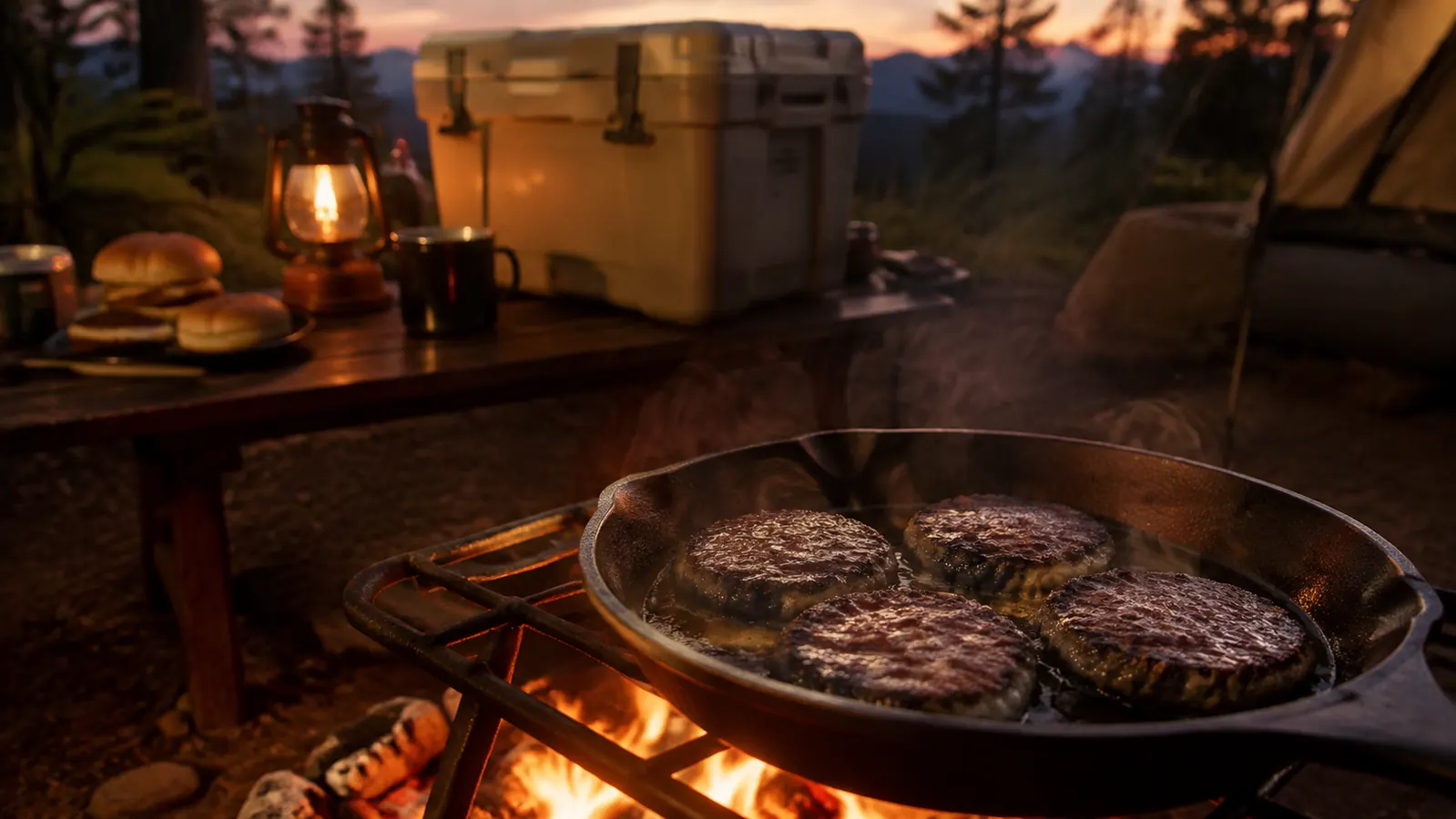 Burgers searing in a round cast iron skillet over a low fire at dusk, a closed hard-shell cooler on the camp table behind