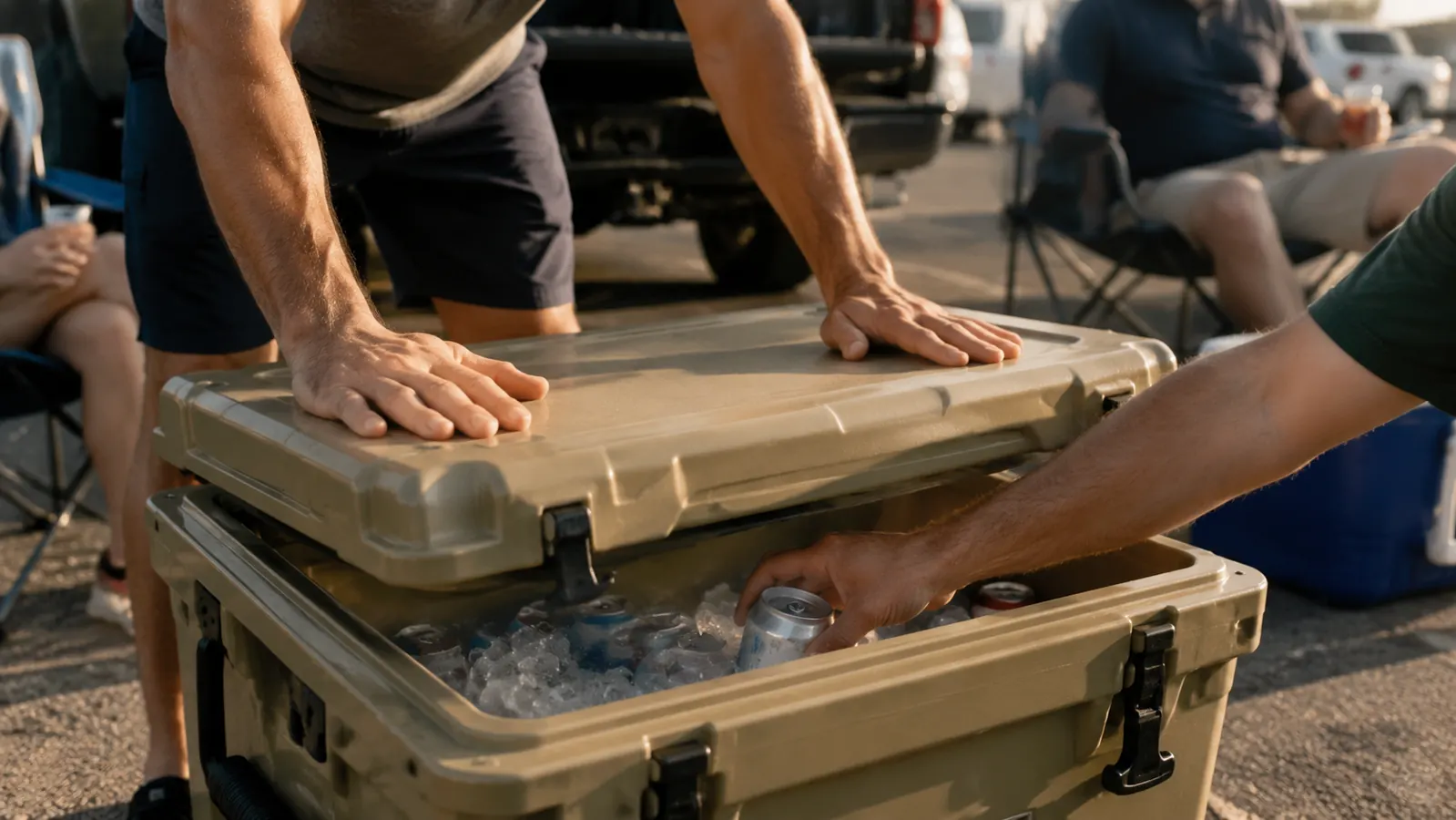 A person presses down on the closed lid of the hard-body cooler on a truck tailgate, then reaches inside for a cold can