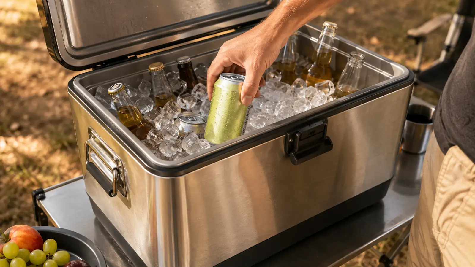 A hand reaching into the open cooler and pulling a drink can up out of the ice on a stainless camp table.