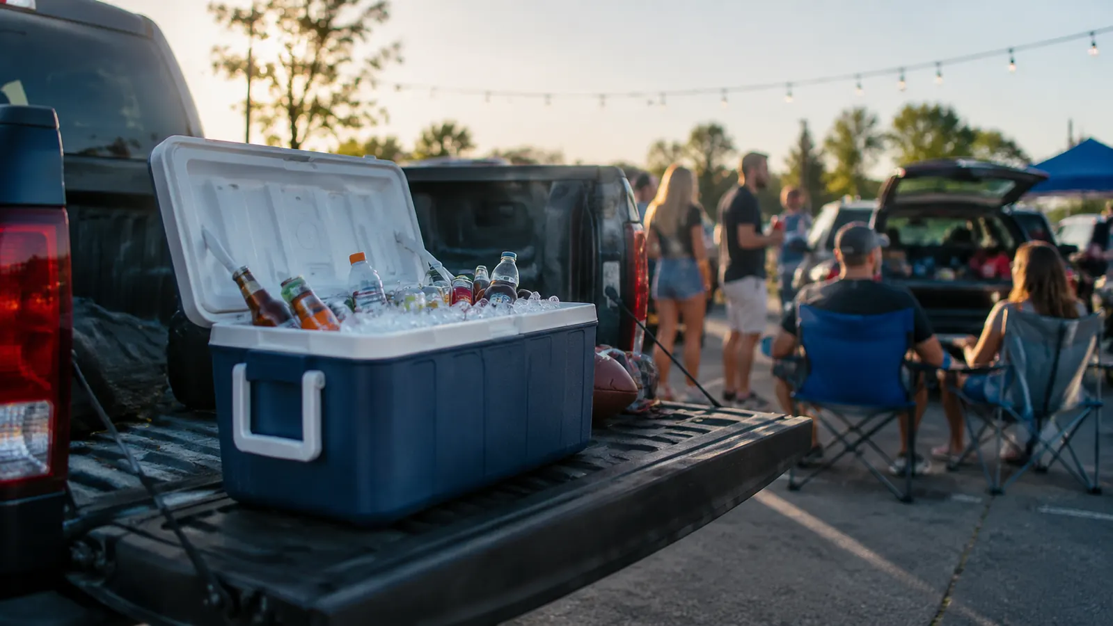 A cooler packed with ice, drinks, and bottles set in the bed of a pickup truck with the tailgate down at a parking lot tailgate.