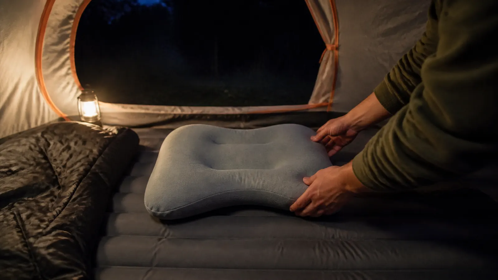 Hands settling a camp pillow onto a sleeping pad inside an open tent
