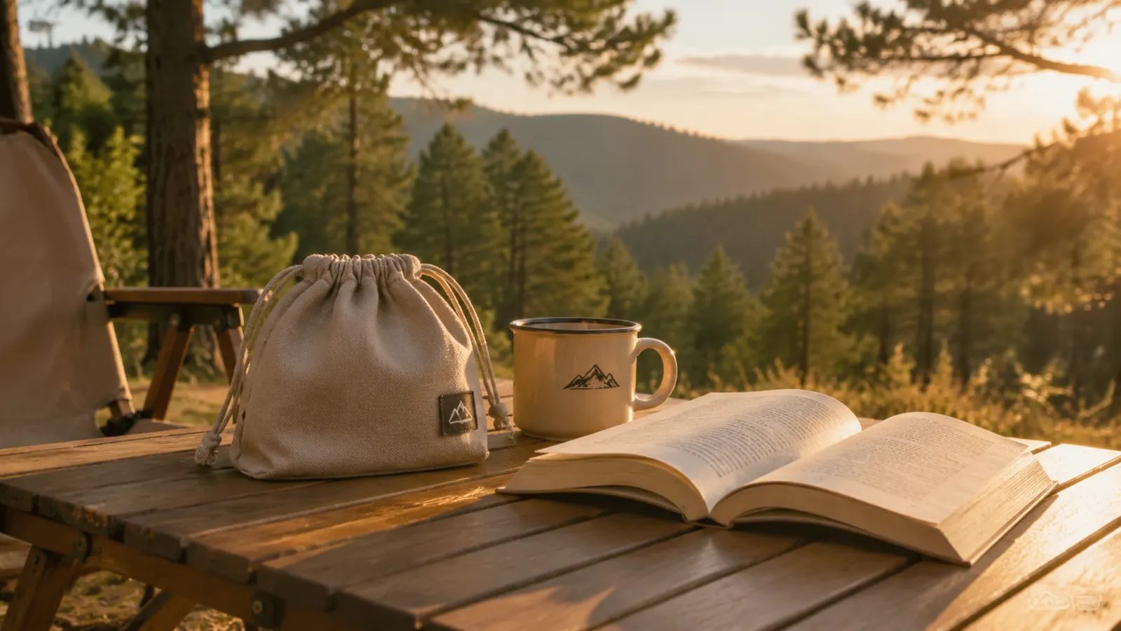 Small neutral-colored travel pouch for the camp pillow sitting on a camp table beside a coffee mug