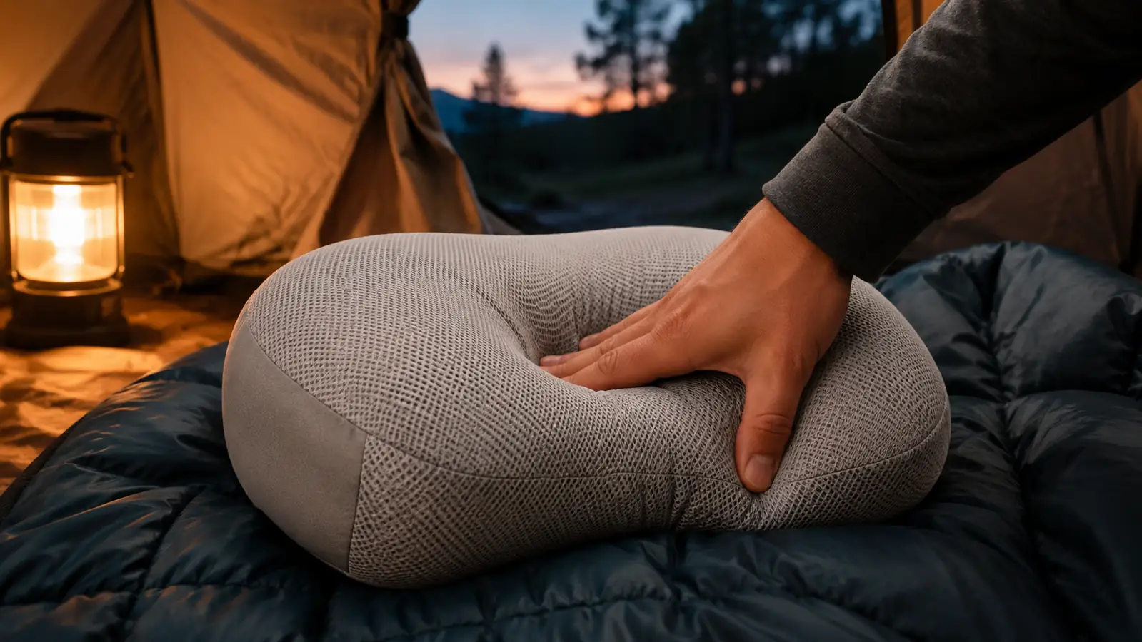a hand pressing into the travel pillow on a sleeping bag to fluff the shredded foam back up before bed