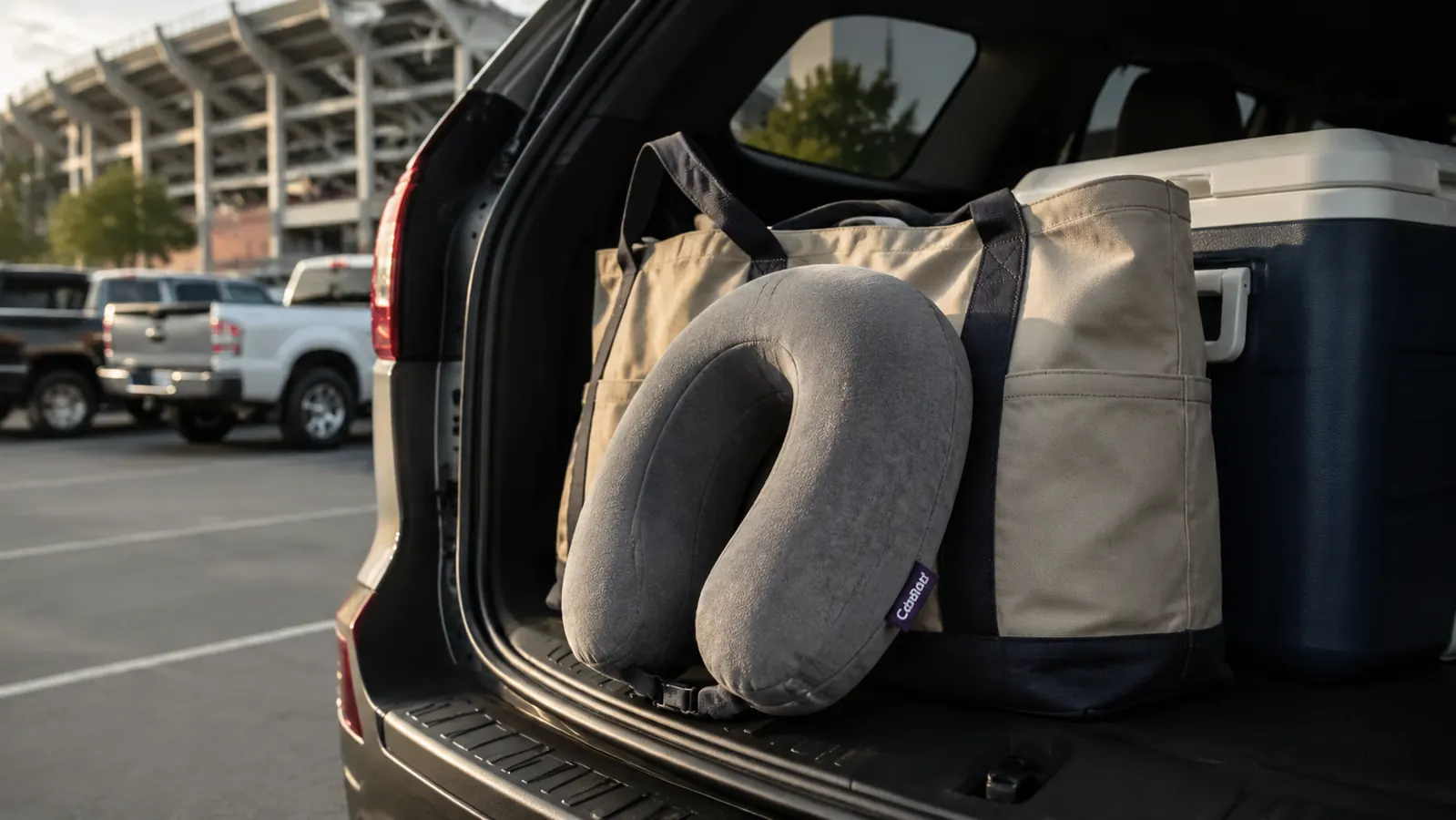 the travel pillow propped on the back bench seat of an SUV beside a canvas gear tote at a tailgate, late afternoon light
