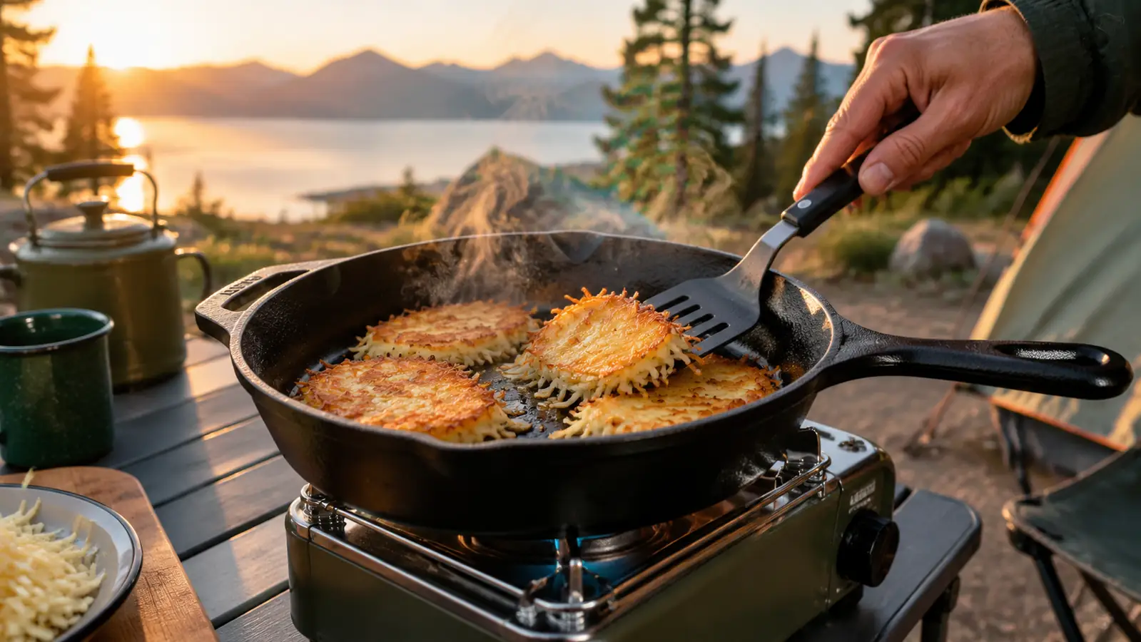 A cast iron skillet on a camp stove with hash browns cooking in it, a hand holding a spatula, folding camp table beside a tent