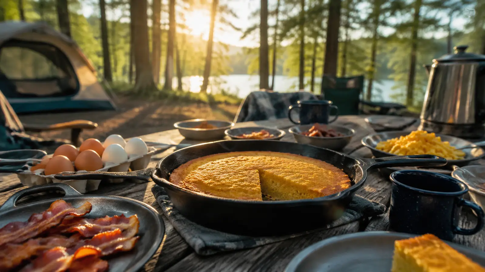 A campsite picnic table in the morning with a cast iron skillet of cornbread in the middle, eggs and bacon on plates around it
