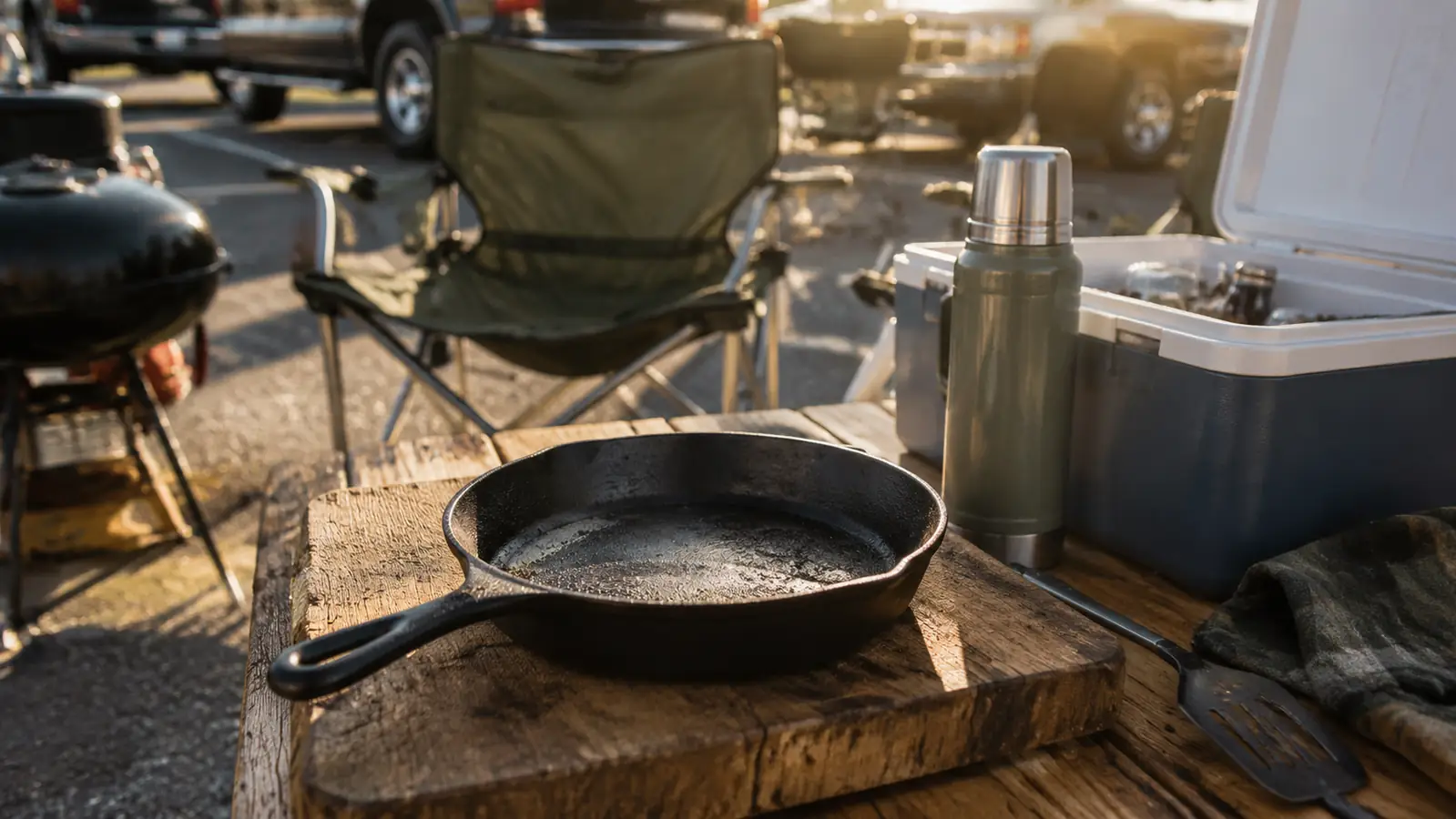 A well-used cast iron skillet rests on a wooden camp table beside a cooler and a thermos in late-afternoon tailgate light