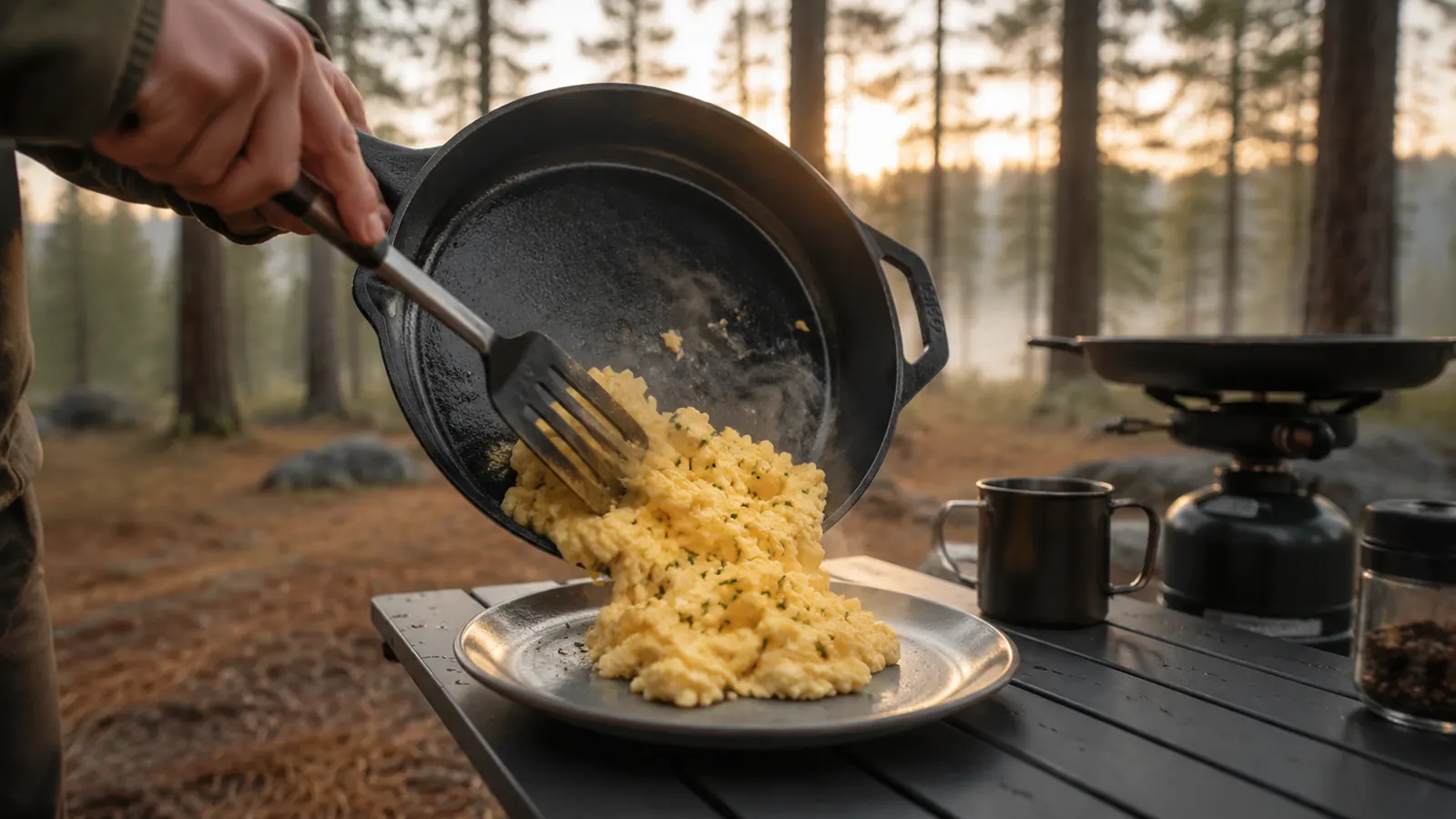 a hand sliding eggs out of a cast iron skillet onto a plate on a camp table in a forest clearing at dawn