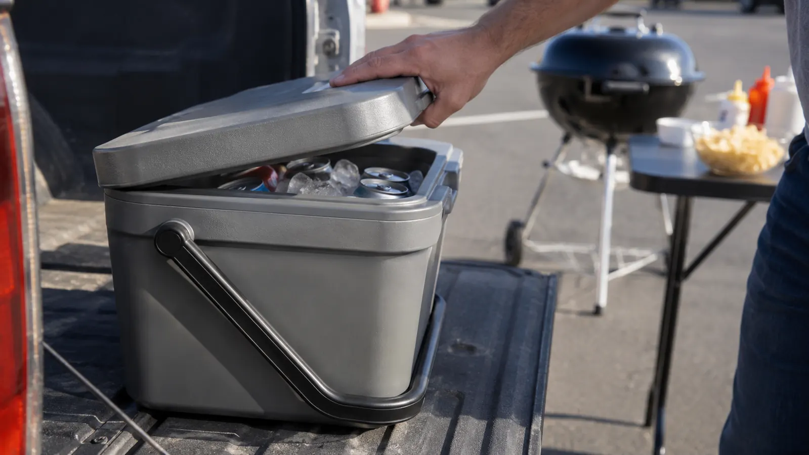 A man's hand lifting the zipperless rigid lid of a hard cooler set on a tailgate, reaching in toward cold drink cans packed in ice, a pickup and grill in the background