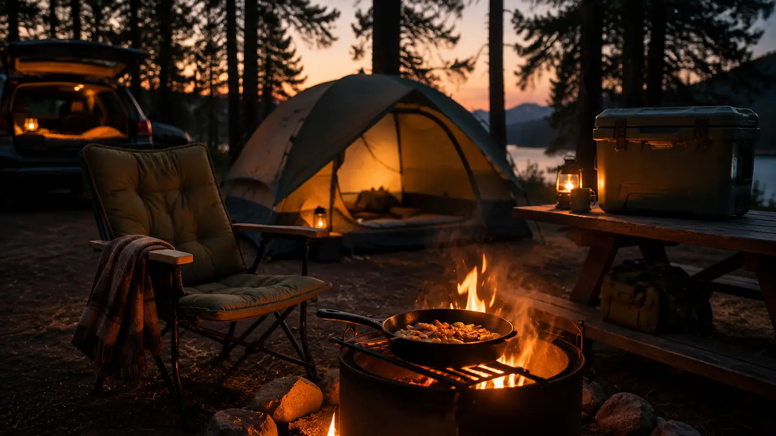 A camp chair beside a glowing campfire at dusk, with a cooler and a cast iron skillet close by