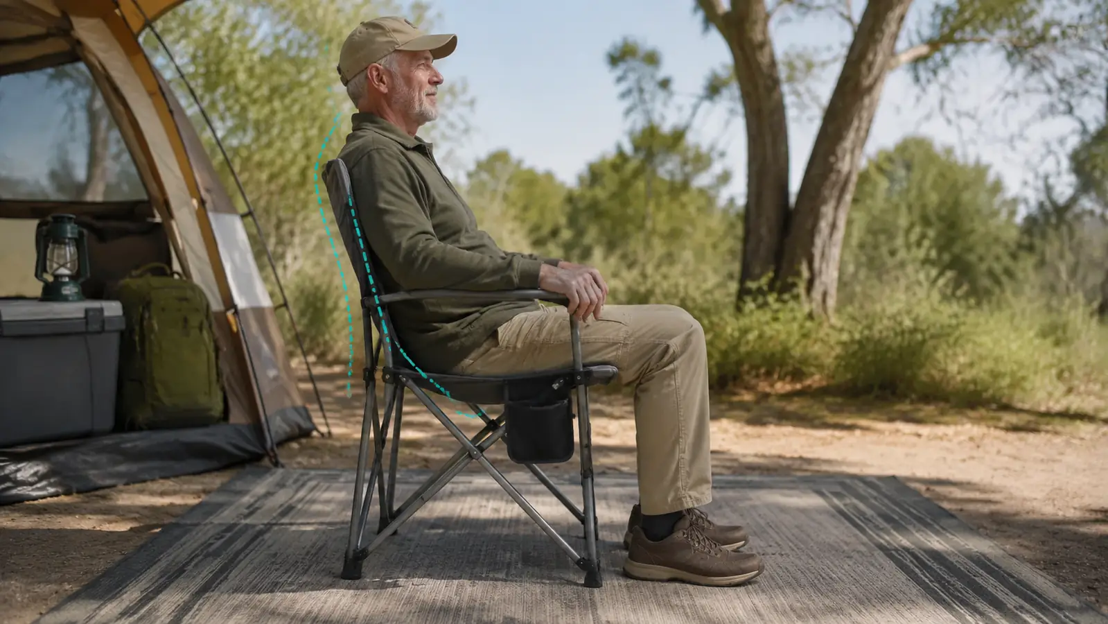 A side view of a person seated upright in a camp chair with knees level with hips, feet flat on a camp rug, lower back pressed against the chair back