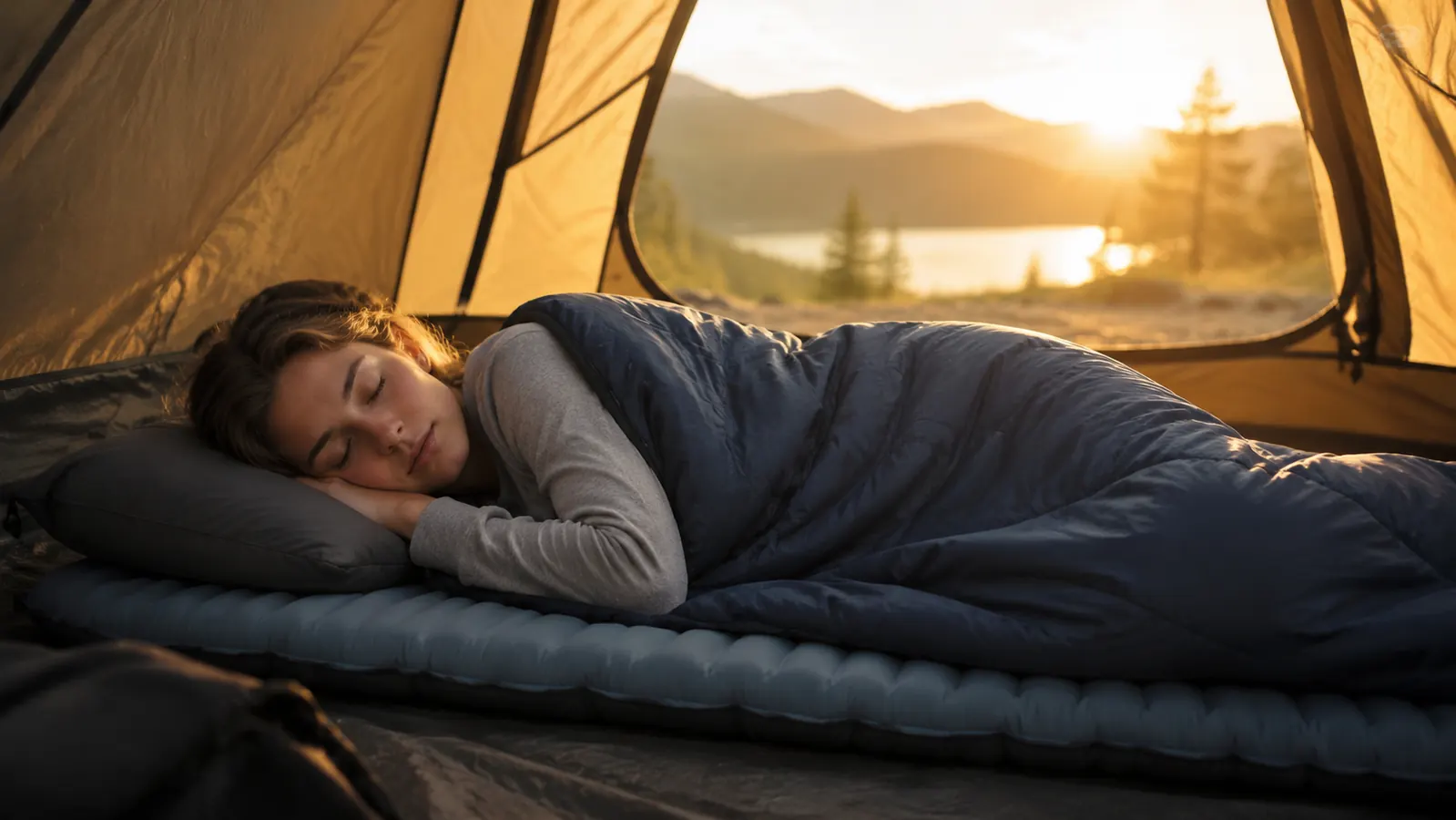 A side-sleeper lies on a camping pad inside a tent, head resting on a pillow, bedding arranged neatly, golden morning light
