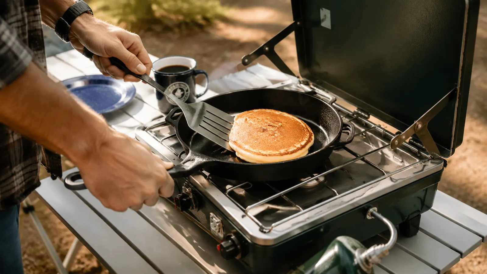 A camper's hands flip a golden pancake in a cast iron skillet on a two-burner camp stove at a folding picnic table, morning light, coffee mug nearby.