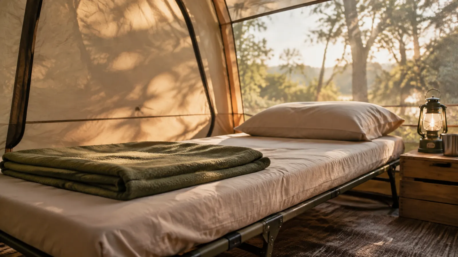 A tidy camp bed inside a tent made with a fitted sheet, a folded blanket, and a pillow, morning sunlight filtering through the mesh