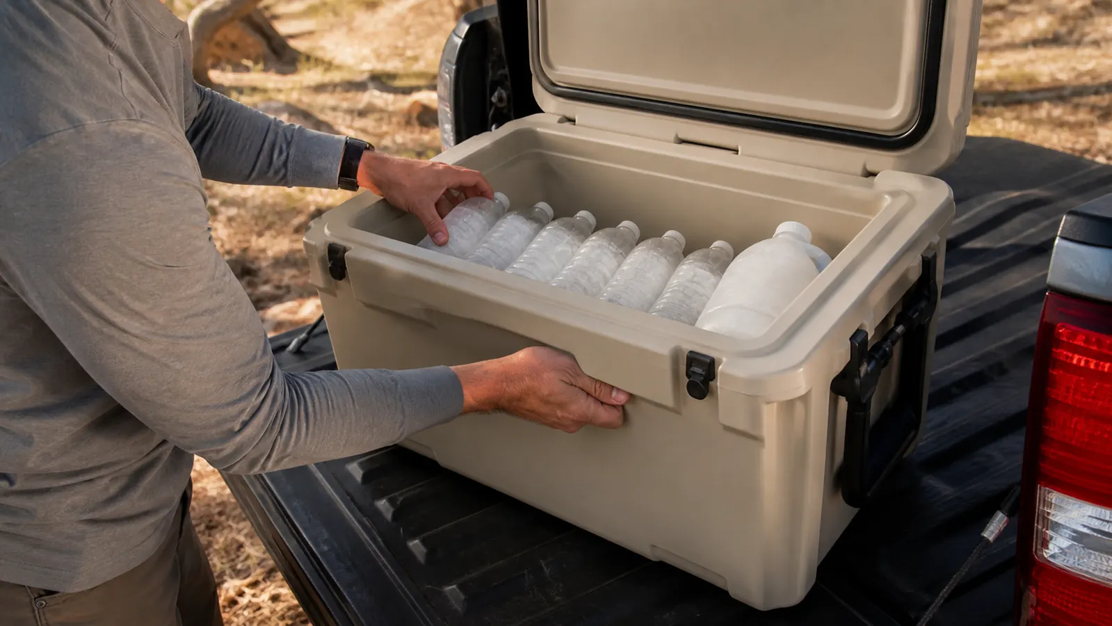 Hands packing frozen water bottles and a frozen jug into a cooler on a truck tailgate at a campsite.