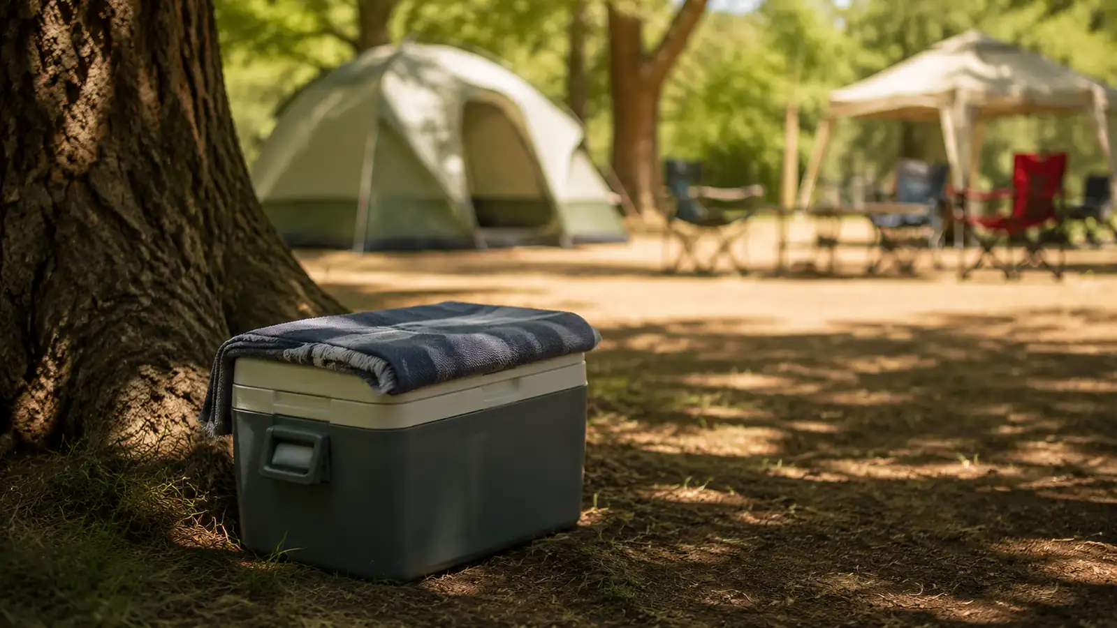 A cooler parked in the deep shade under a large tree at a campground, a folded towel across its lid, afternoon light through the leaves.
